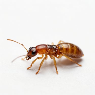 Scientific macro photograph of a subterranean termite soldier, isolated on a clean, solid crisp white background, high-end editorial encyclopedia style.
