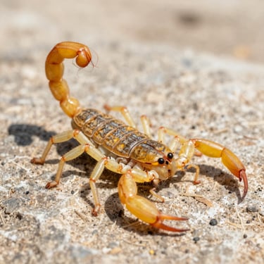 Extreme macro-photography of a yellow scorpion on a dry natural stone background, bright clinical daylight.
