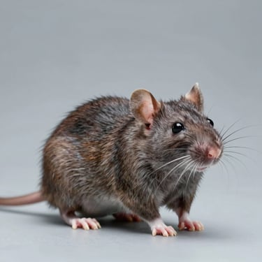 Macro-photography of a brown rat in a clean, controlled environment, neutral background, clinical focus.
