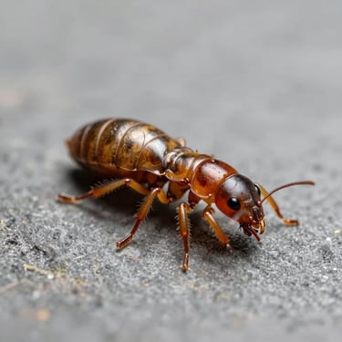Scientific macro photograph of a drywood termite worker, isolated on a clean, solid warm stone gray background, high-end editorial encyclopedia style.