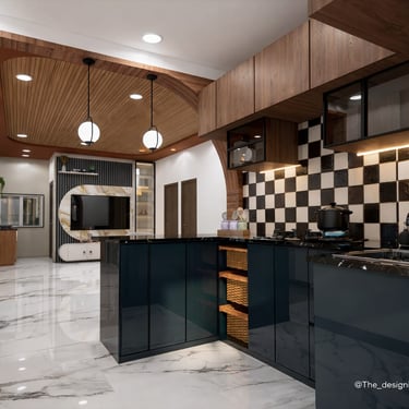 Modern luxury kitchen with dark blue cabinets, checkerboard backsplash, and marble floors in an open floor plan.