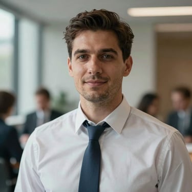 A professional man in his 30s in a British / UK business environment, looking approachable and confident.