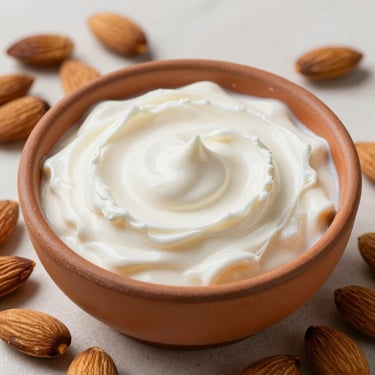 A shallow terracotta bowl containing rich, velvety white cream, surrounded by sweet almond pods, soft natural lighting.