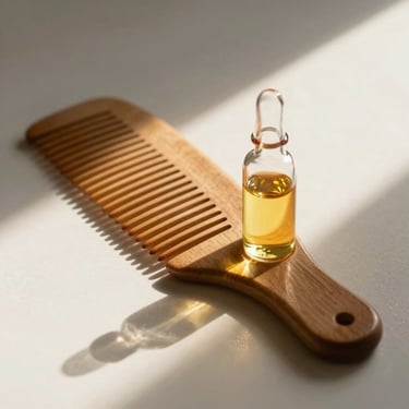 Soft focus shot of a wooden comb next to a small glass vial of golden oil, warm sunbeam across a light surface.