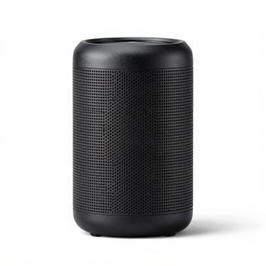 Front-on studio shot of a compact Bluetooth speaker, matte black finish, clean white background, bright diffused studio lighting, sharp product detail