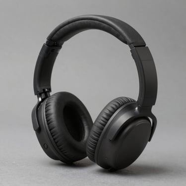 3/4 angle studio shot of over-ear headphones, dark charcoal colorway, cushioned earcups visible, neutral grey background, controlled studio strobe lighting