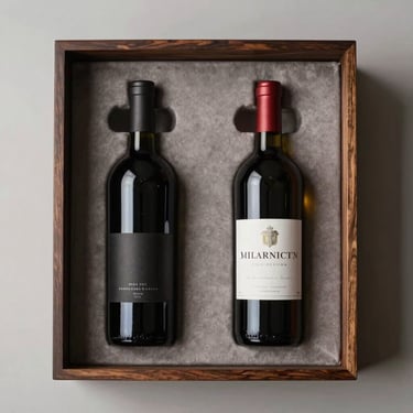 Overhead flat-lay of an executive wine gift case, dark wood finish, two bottles nestled in padded interior, neutral background, crisp daylight studio lighting