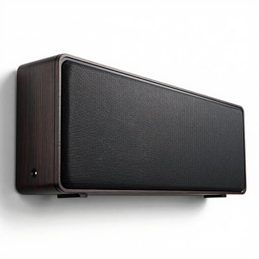 Direct front-on studio photograph of a slim soundbar, dark finish, wall-mountable form factor, white background, bright even studio lighting showing speaker grille detail
