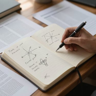 Overhead close-up of a cluttered desk with an open notebook showing handwritten diagrams and crossed-out notes, a pen resting mid-page, scattered printed spreadsheets, soft natural light from the upper left, no people visible