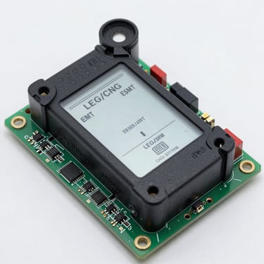 Top-down studio shot of an LPG/CNG ECU controller board on a white surface, SMT components and firmware chip in sharp focus under strobe lighting