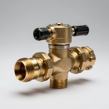 Side profile macro of a CNG/LPG pressure reducer on a white studio surface, brass body and inlet port threads in sharp focus under strobe lighting