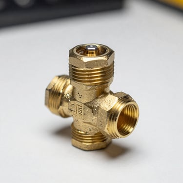 Top-down studio shot of a CNC-machined brass valve on a white surface, hex body and threaded port in sharp focus, bright strobe lighting, no background distractions