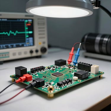 Tight macro shot of a LyanteGAS ECU circuit board under calibration bench lighting — test probes touching trace pads, oscilloscope waveform visible in background, clean white bench surface, studio strobe lighting from above