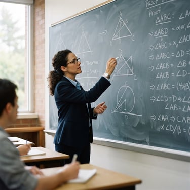 A high-clarity medium environmental shot of a mathematics teacher sketching a clean geometric proof on a large slate-colored whiteboard, bright natural daylight, structured composition, sharp focus, 35mm.