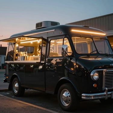 Vintage classic food truck parked under warm streetlights at dusk, gleaming paint, custom serving hatch open.