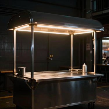 Compact street food cart with polished metal counters, warm neon accent lighting, ready for events.