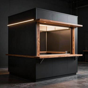 Modern fixed food kiosk with dark matte siding and warm wooden accents, clean architectural lines.