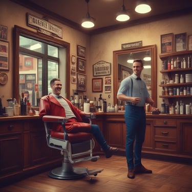 A happy barber holding a Rolda hair product in a bright, modern barbershop.