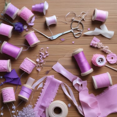A flat lay of sewing and crafting materials includes pink and purple thread spools, delicate lace ri