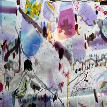 Abstract fused glass with pinks and purples fire at slant