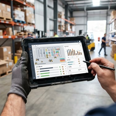 Close-up of a modern logistics tablet showing inventory tracking interface inside a bright warehouse, 35mm crisp industrial photography