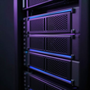 Macro close-up of standard server racks in a dark data center, low-key moody lighting with sharp directional violet and blue edge lights, high-contrast technical details.