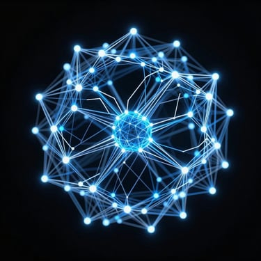 Abstract vector wireframe of a complex neural network, electric blue glowing nodes connected by razor-thin white lines, absolute black background, high-contrast digital render, macro perspective.