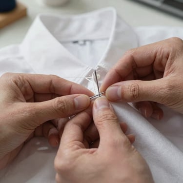 Extreme close-up overhead of a tailor's hands stitching a collar stand by hand, fine white cotton under natural overcast light, needle and thread visible mid-stitch, worktable surface visible at the edges, no faces, no finished garment shown