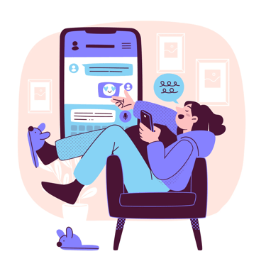 a woman sitting in a chair with a cell phone booking salon appointment with groomr app effortlessly 