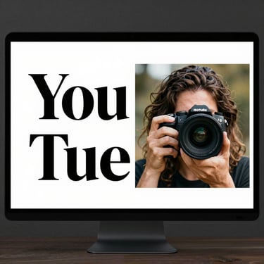 Modern horizontal digital frame showing a sleek YouTube thumbnail template with bold serif typography and a photographer headshot.