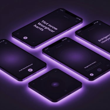 Isometric mockup of dark-themed Instagram stories showing minimal typography layouts, soft purple glow.