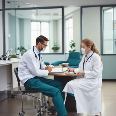 A warm, welcoming medical advisor speaking with a patient in a bright, comfortable office setting.