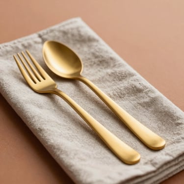 Polished modern gold flatware resting on a neutral linen napkin, shallow depth of field