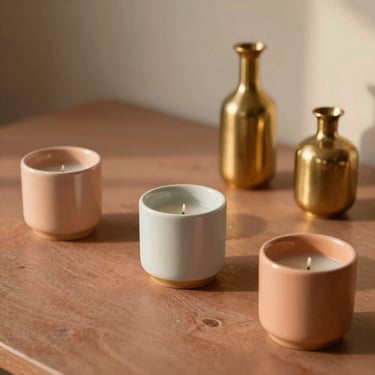 Small ceramic candle holders and delicate brass vases on a styled table with warm lighting