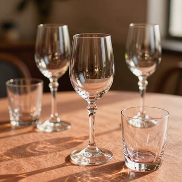 Elegant crystal wine glasses and water goblets catching warm golden-hour light on a set table