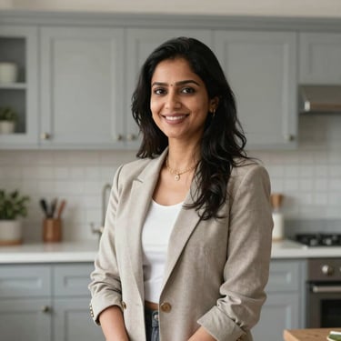 Portrait of a smiling professional woman in a modern South Asian / Indian home, standing in front of a beautifully designed light gray kitchen. High-quality lifestyle photography, natural lighting.