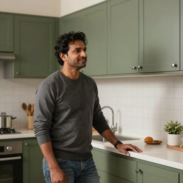 A satisfied South Asian / Indian homeowner standing in a bright, modern modular kitchen, looking at the sleek olive green cabinets. Professional photography.