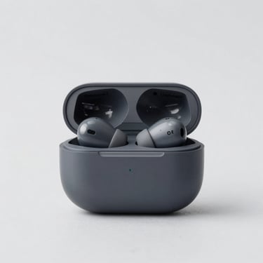 Dark gray wireless earbuds resting in their charging case, macro shot, neutral light gray background