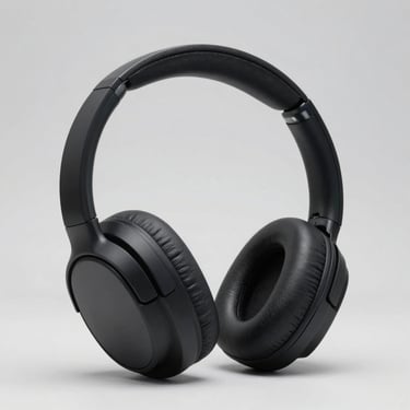 Crisp studio shot of matte black over-ear headphones, neutral light gray background, soft shadows, sharp focus