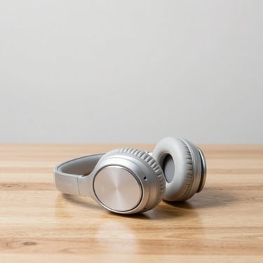 Silver wireless headphones on a clean wooden desk, soft shadows, neutral light gray background