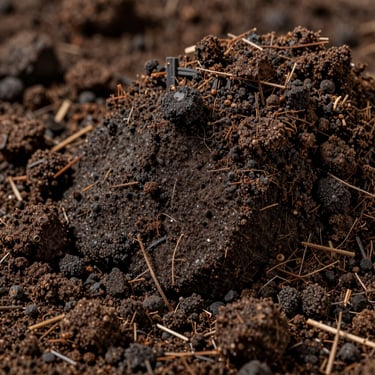 Close-up of rich, dark, crumbly vermicompost soil structure, organic matter detailing high humic content, natural morning light