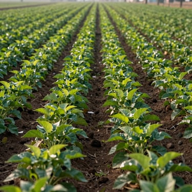 Wide-angle early morning shot of a thriving commercial crop field in India, healthy green plants in structured rows, rich dark soil visible between rows, soft natural sunlight.