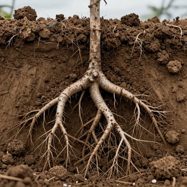 Deep root system of a healthy commercial crop penetrating deep into conditioned, porous brown loam soil, overcast light
