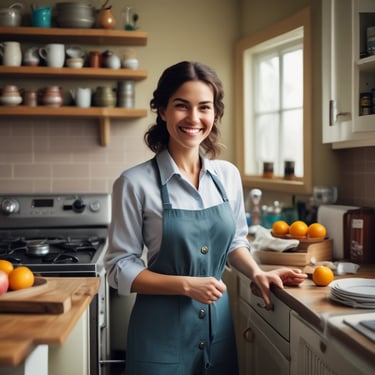 Smiling woman holding a clear aquamole water gallon in a bright kitchen.