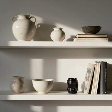 A minimalist shelf with curated ceramic objects and art books, soft morning shadows.