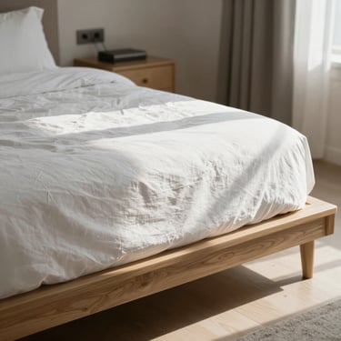 An airy bedroom with crisp white linen sheets, a low oak platform bed, and soft light streaming in.