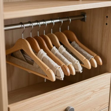 Close-up of a beautifully organized wardrobe with linen hangers and light oak drawers, soft diffused light.