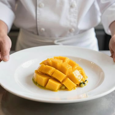 A chef in a bright, high-end restaurant kitchen plating a dish with vibrant yellow mango pulp, natural side lighting, focus on product purity.