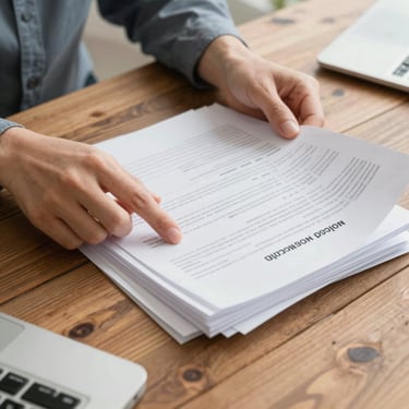 Close-up of hands organizing commercial import documents on a rustic wooden desk, soft natural morning light, professional trade setting.
