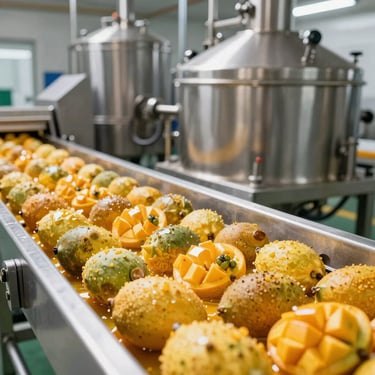 Pristine tropical fruit pulp processing line, aseptic stainless steel machinery, bright natural daylight, clean commercial food production.